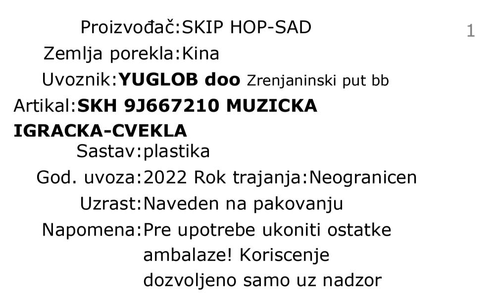 Skip Hop muzička dečija igračka - cvekla 9J667210 deklaracija